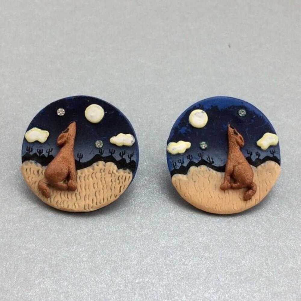 Handmade Coyote Howling at Desert Moon Polymer Clay Earrings Southwest Boho